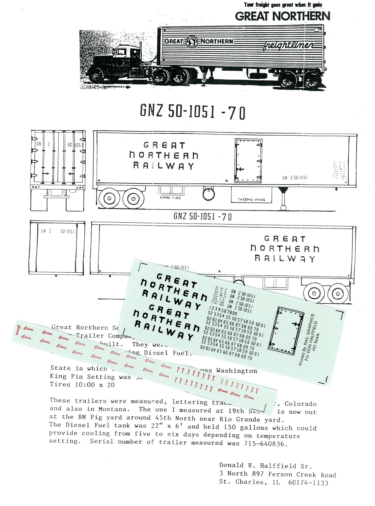 DECALS TRAILER, 40' DUAL AXLE ALUMINUM REEFER 'GREAT NORTHERN RAILWAY', GNZ 50-1050 to 1070